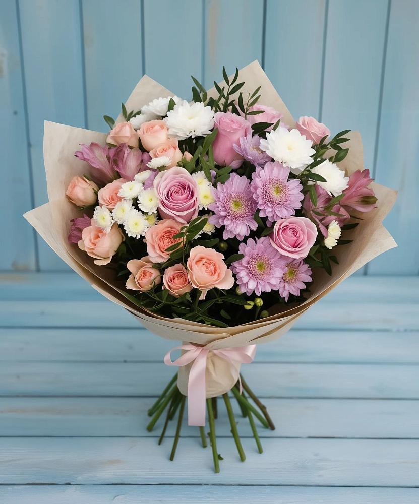Букет цветов из: Хризантемы, Розы и Альстромерии в Русском