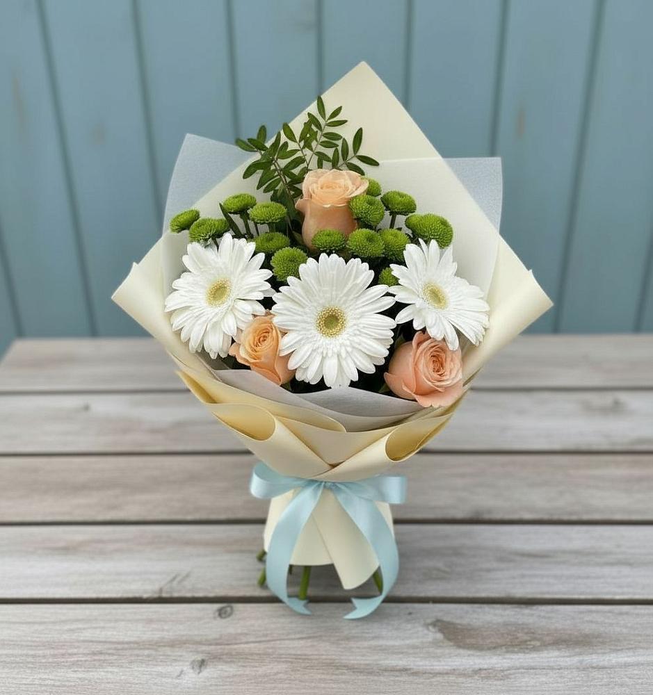 Букет цветов из: Герберы, Розы и Хризантемы в Русском