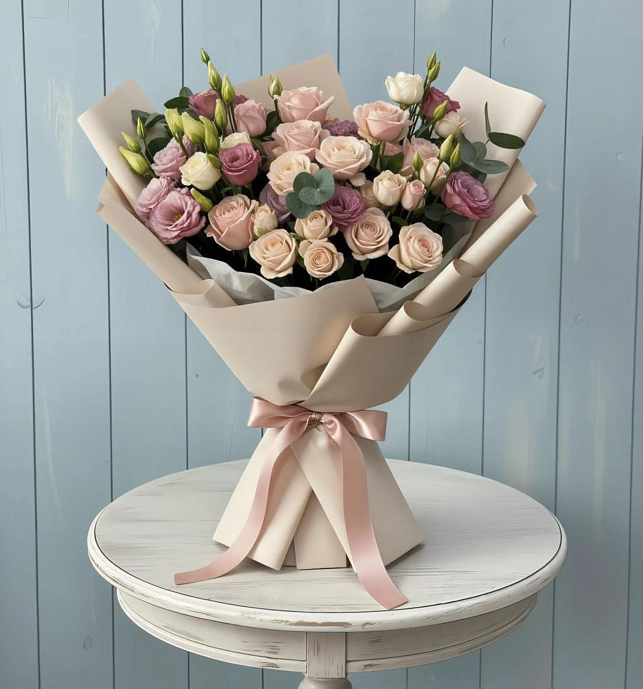 Букет цветов из: Розы и Лизиантусы в Русском