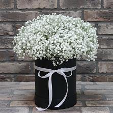 Цветочная композиция из Гипсофила в шляпной коробке в Русском