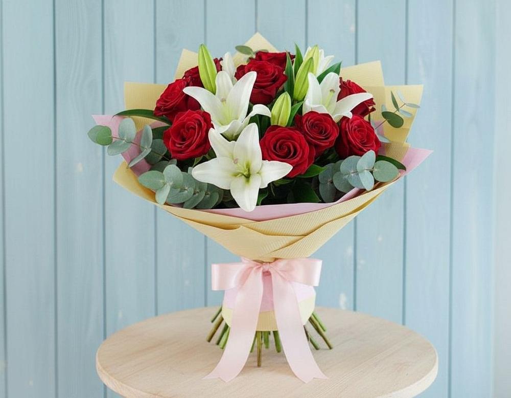Букет цветов из: Лилии и Розы в Русском