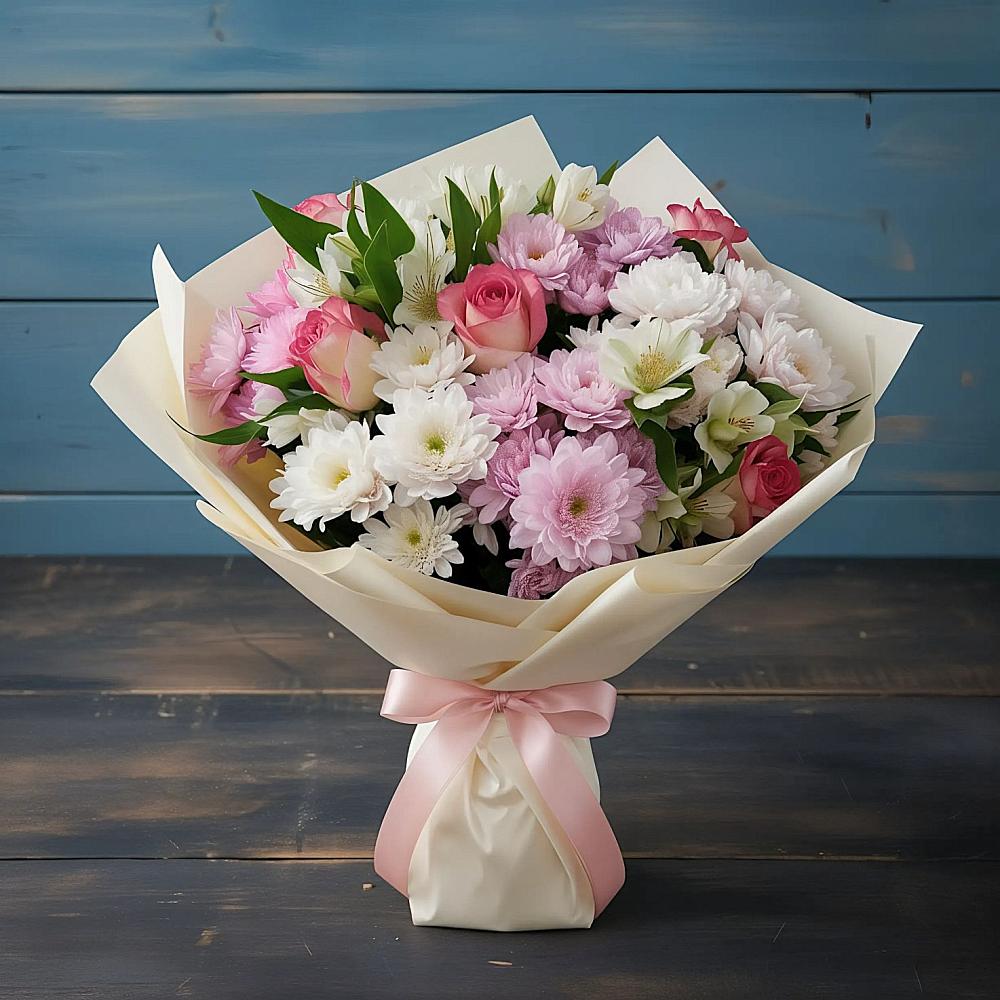 Букет цветов из: Хризантемы, Альстромерии и Розы в Русском